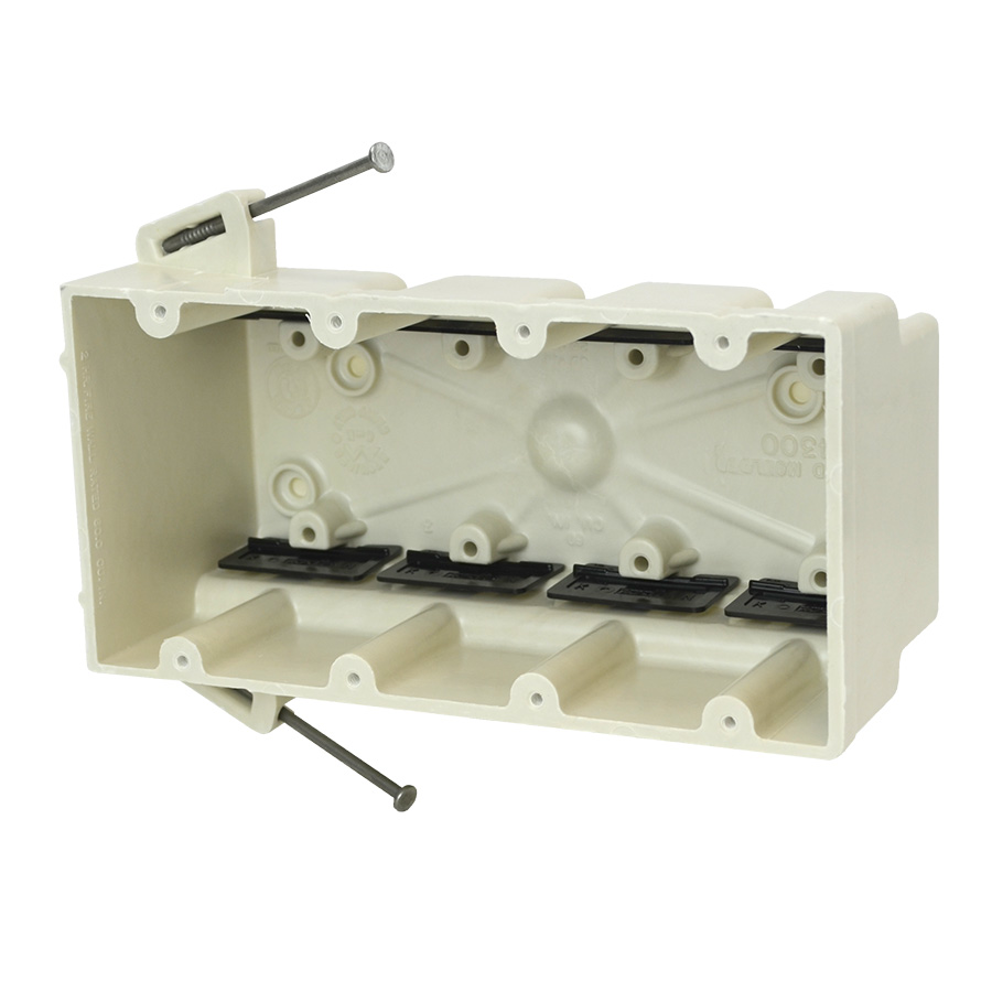 Product image for Allied Moulded Products 4300-NK 3 x 7-1/2 x 3-3/4 Inch 60 In. 4-Gang Fiberglass Angled Mid-Nail Switch/Receptacle Outlet Box