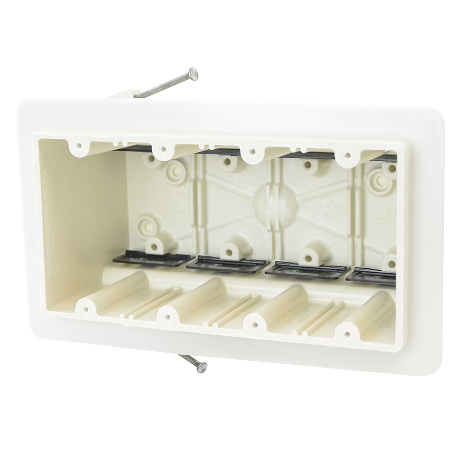Product image for Allied Moulded Products 4304-NKV 3-9/16 x 7-1/2 x 3-3/4 Inch 75 In³ 4-Gang Angled Mid-Nail Switch/Receptacle Outlet Box