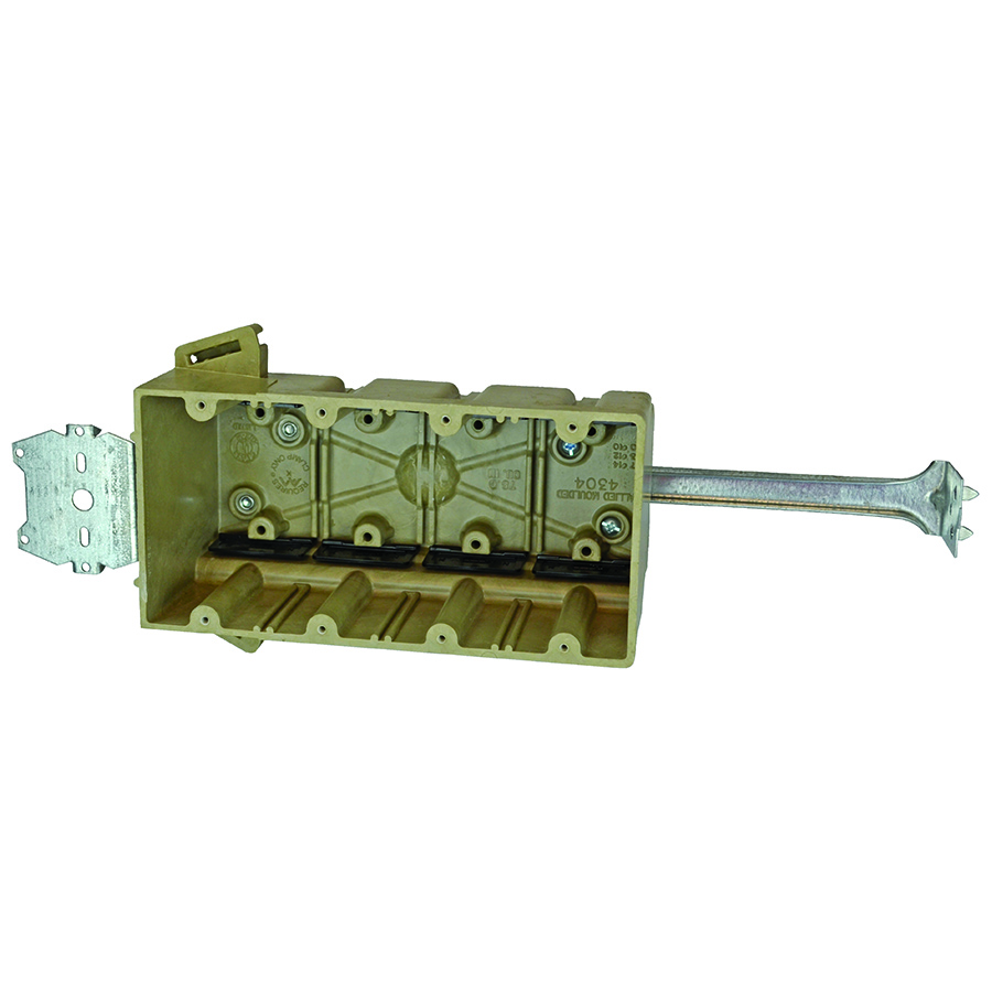 75.0 Cu. In. Four gang electrical box for use with nonmeatllic sheathed cable - Machine tapped device holes, leveling ribs, rigid hard box construction, no distortion with high temperatures, shatter resistant with low temperatures - New work residential construction stud face mounted 2 HR fire resistive walls - Fiberglass reinforced polyester - thermoset box with galvanized steel bracket and stabilizer bar - Size: D=3 9/16