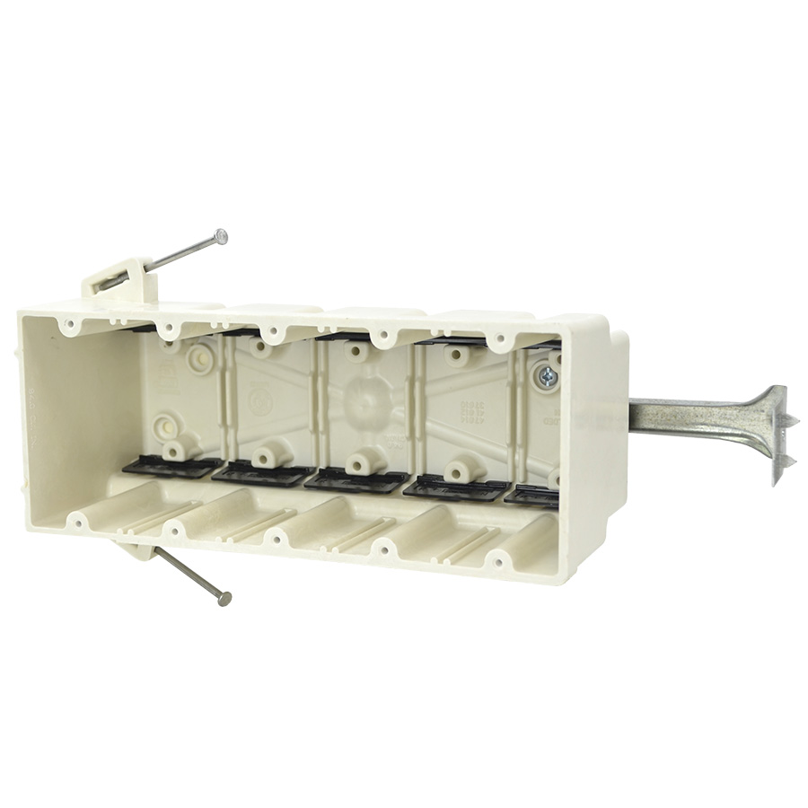 Product image for Allied Moulded Products 5305-NBK 3-9/16 x 9-1/4 x 3-3/4 Inch 94 In. 5-Gang Angled Mid-Nail Switch/Receptacle Outlet Box