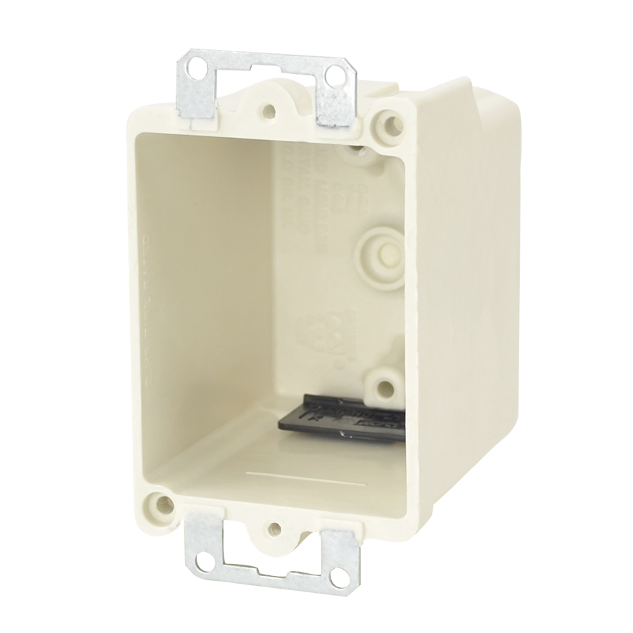 16.0 Cu. In. Single gang electrical box for use with nonmeatllic sheathed cable - Machine tapped device holes, rigid hard box construction, no distortion with high temperatures, shatter resistant with low temperatures - Old work residential construction 2 HR fire resistive walls and ceilings - Fiberglass reinforced polyester - thermoset box - Size: D=2 27/32
