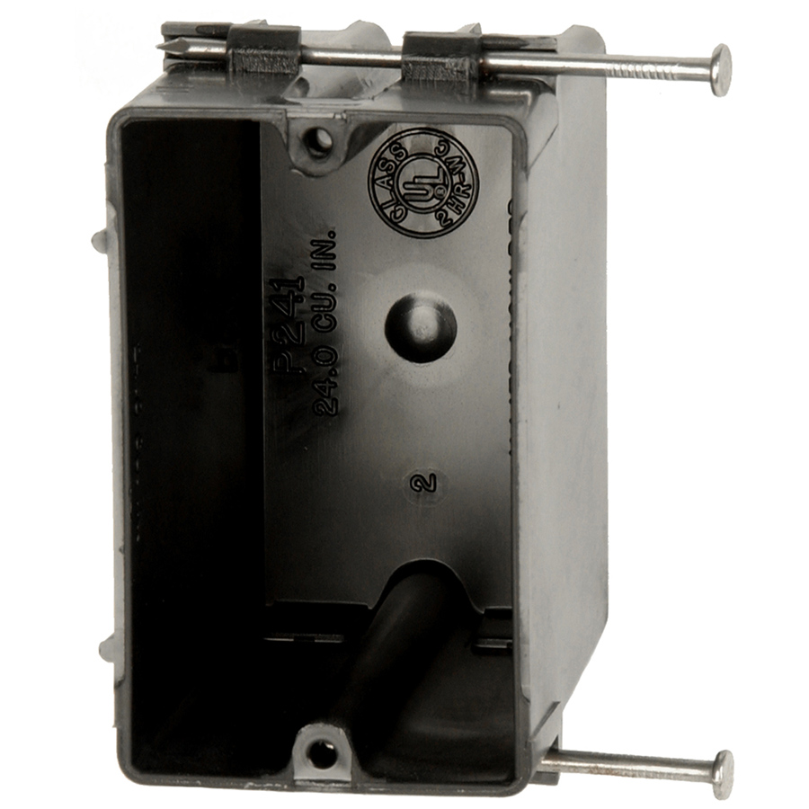 Product image for Allied Moulded Products P-241 3-9/16 x 2-1/4 x 3-3/4 Inch 24 In. 1-Gang NMSC PVC Switch/Receptacle Outlet Box
