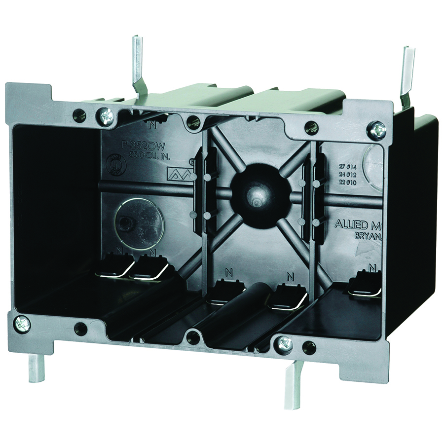 Product image for Allied Moulded Products P-352OW 3-25/64 x 5-59/64 x 3-11/16 Inch 52 In. 3-Gang Galvanized Steel Switch/Receptacle Outlet Box