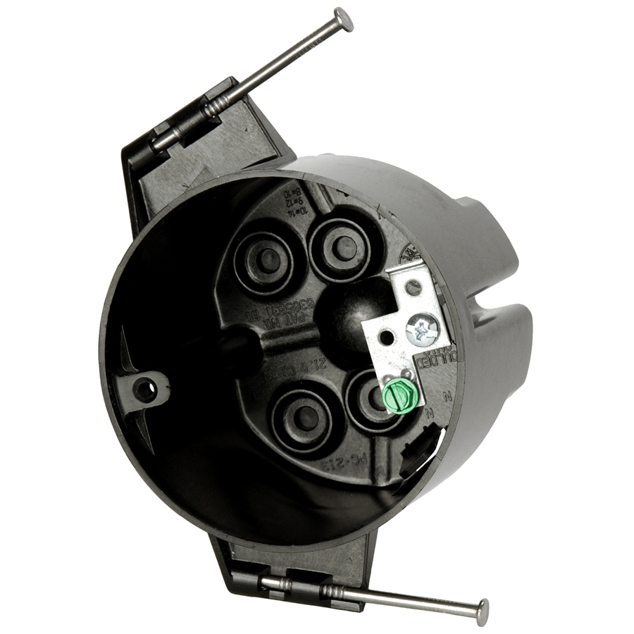 Product image for Allied Moulded PC213-NG 3-1/2" Round Ceiling Fixture Outlet Box w/Ground Strap, Polycarbonate, 2-13/16 Deep, 21cu.in