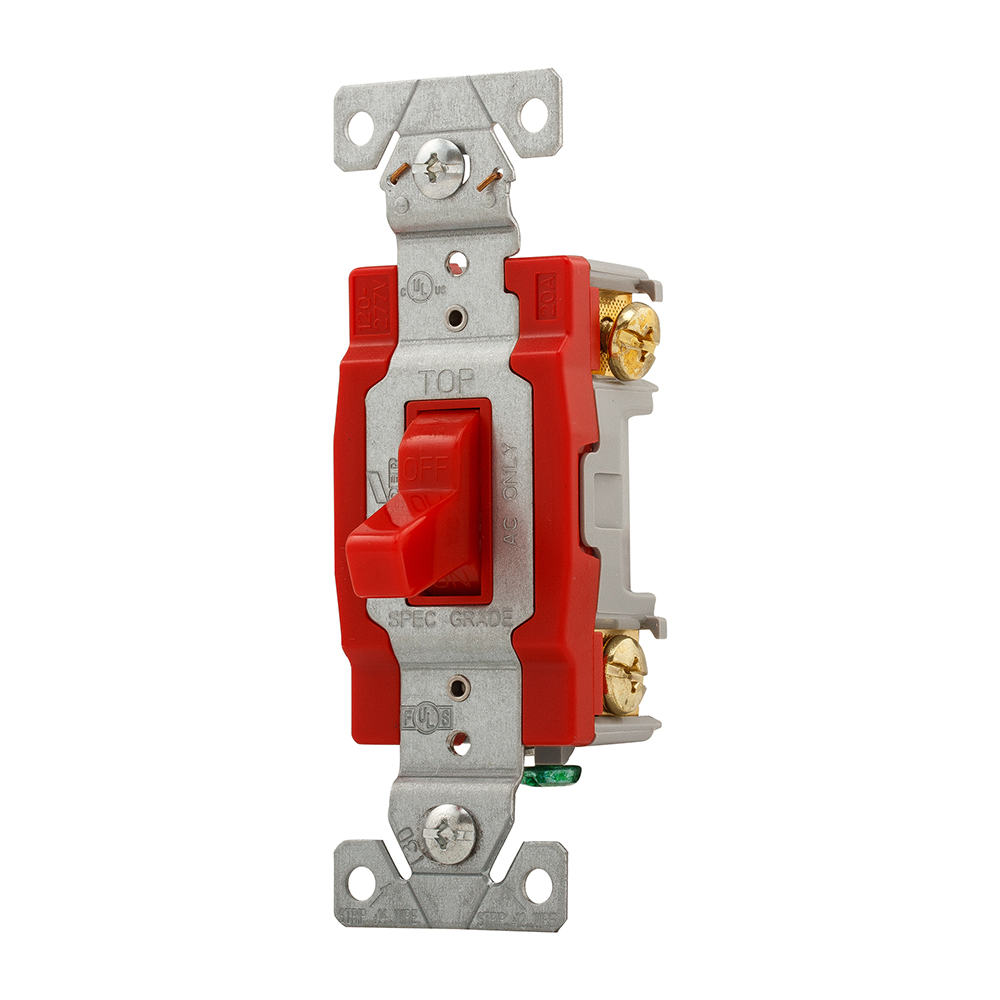 Eaton construction grade toggle switch, #14-10 AWG, 20A, Flush, 120/277V, Back and side, Screw, Red, Single-Pole, Single-Pole, Brass, Polycarbonate
