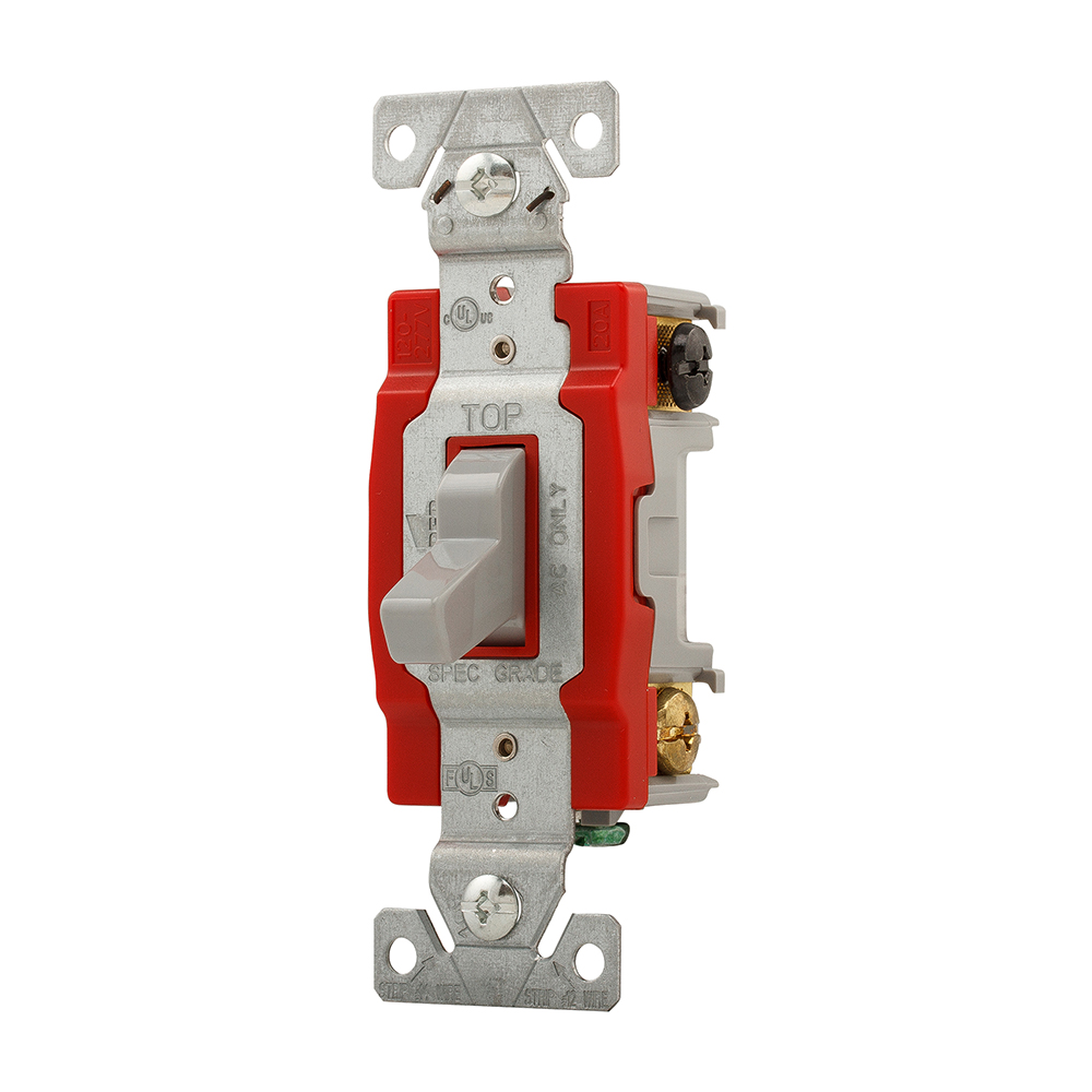 Eaton construction grade toggle switch, #14-10 AWG, 20A, Industrial, Wall, 120/277V, Back and side, Screw, Gray, Three-Way, Polycarbonate