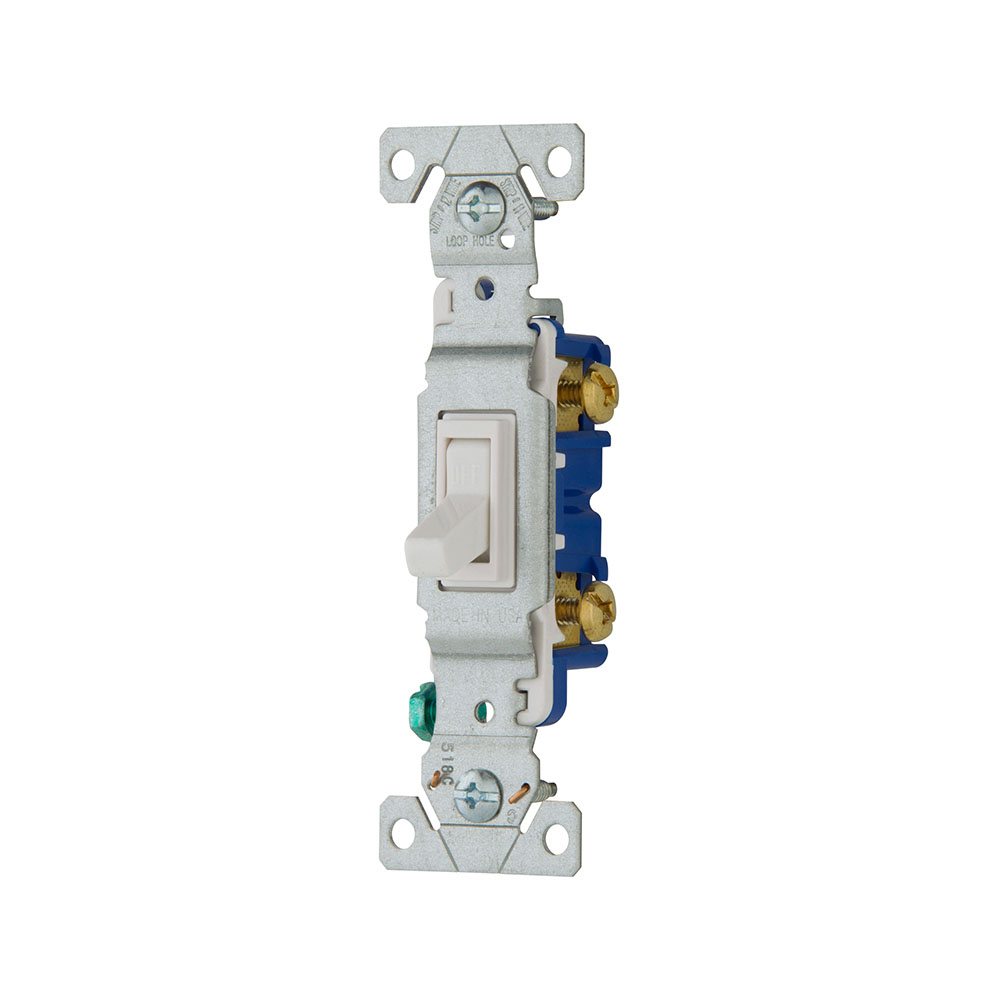 Eaton toggle switch, #14-10 AWG, 15A, Flush mount, 120V, Side and push, Screw, White, Single-Pole, Single-Pole, Polycarbonate