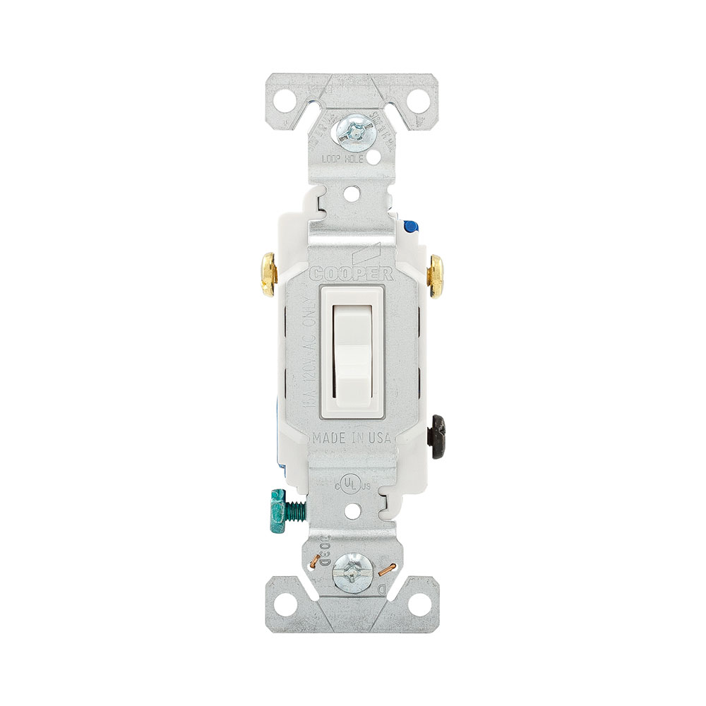 Eaton toggle switch, 15A, Wall, 120V, Back and side, push wire, Grounding, White, Single-Pole, Three-Way