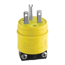 Eaton Arrow Hart severe duty straight blade plug,#14-8 AWG,15A,Industrial,250V,Back wire,Yellow,black,Nickel-plated brass,Corrosion Resistant,Nylon,6-15P,Two pole,three wire,grounding,Screw,0.38-1