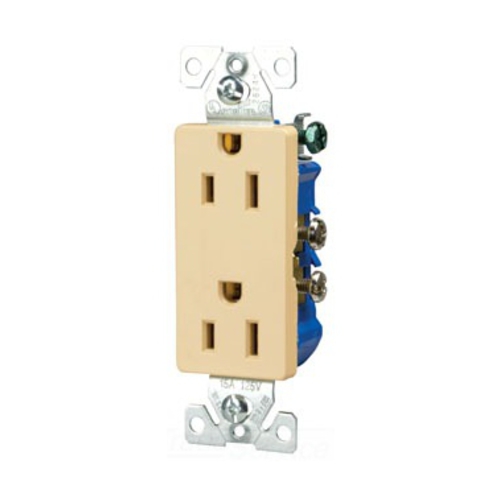 Eaton residential grade duplex receptacle, #14-10 AWG, 15A, Flush, 125V, Side and push, Ivory, Brass, Indoor, Impact-resistant thermoplastic, 5-15R, Two-pole, Three-wire, Duplex, Screw, Thermoplastic