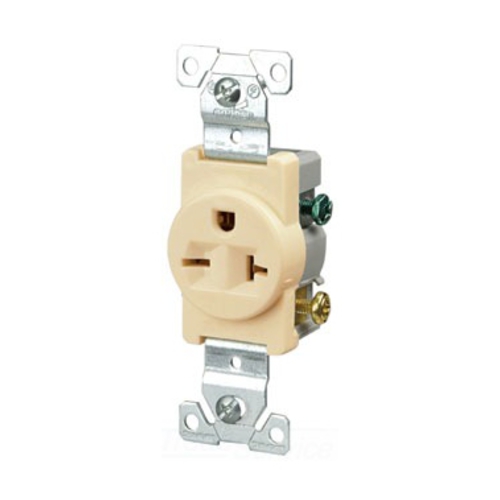 Eaton commercial specification grade single receptacle, #14-10 AWG, 20A, Commercial, Flush, 250V, Side wire, Ivory, Brass, Nylon face, PVC bottom, 6-20R, Single, Screw, PVC, ED Box