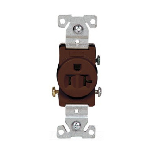 Eaton commercial specification grade single receptacle, #14-10 AWG, 20A, Commercial, Flush, 125V, Side wire, Brown, Brass, Nylon face, PVC bottom, 5-20R, Single, Screw, PVC, ED Box
