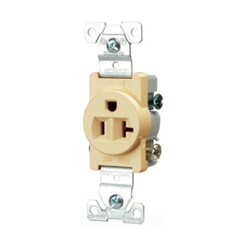 Eaton commercial specification grade single receptacle, #14-10 AWG, 20A, Commercial, Flush, 125V, Side wire, Ivory, Brass, Nylon face, PVC bottom, 5-20R, Single, Screw, PVC, ED Box