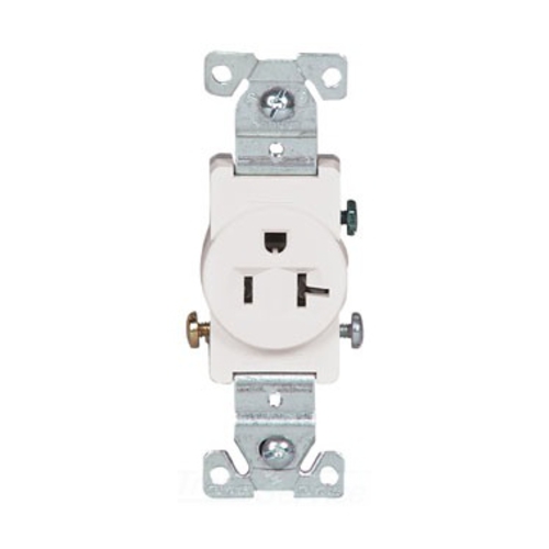 Eaton commercial specification grade single receptacle, #14-10 AWG, 20A, Commercial, Flush, 125V, Side wire, White, Brass, Nylon face, PVC bottom, 5-20R, Single, Screw, PVC, ED Box