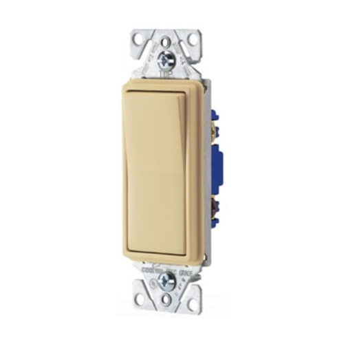 Eaton standard grade decorator switch, #14-12 AWG, 15A, Flush, 120/277V, Back/push, Decorator, Maintained, Ivory, Motor Control, Fan, LED, Incand, ELV,MLV,CFL, Florscnt, Halogen, Three-way, Thermoplastic 627682
