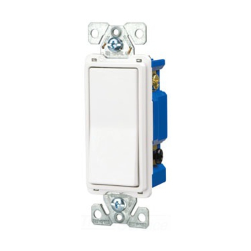 Eaton standard grade decorator switch, Box, #14-12 AWG, 15A, Flush, 120/277V, Back/push, Decorator, Maintained, White, Motor Control, Fan, LED, Incand, ELV,MLV,CFL, Florscnt, Halogen, Four-way, Thermoplastic 643835