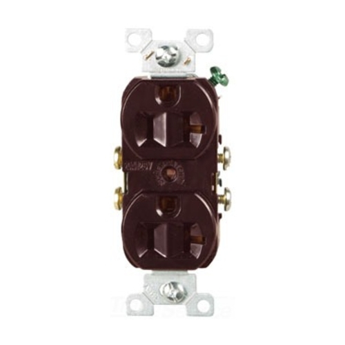 Eaton commercial specification grade duplex receptacle, #14-10 AWG, 20A, Commercial, Flush, 125V, Side wire, Brown, Brass, High-impact nylon, PVC, 5-20R, Duplex, Screw, PVC, Core pack