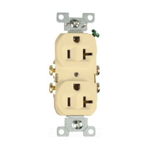 Eaton commercial specification grade duplex receptacle, #14-10 AWG, 20A, Commercial, Flush, 125V, Side wire, Ivory, Brass, High-impact nylon, PVC, 5-20R, Duplex, Screw, PVC, Core pack