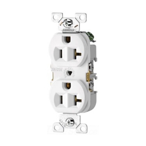 Eaton commercial specification grade duplex receptacle, #14-10 AWG, 20A, Commercial, Flush, 125V, Side wire, White, Brass, High-impact nylon, PVC, 5-2...