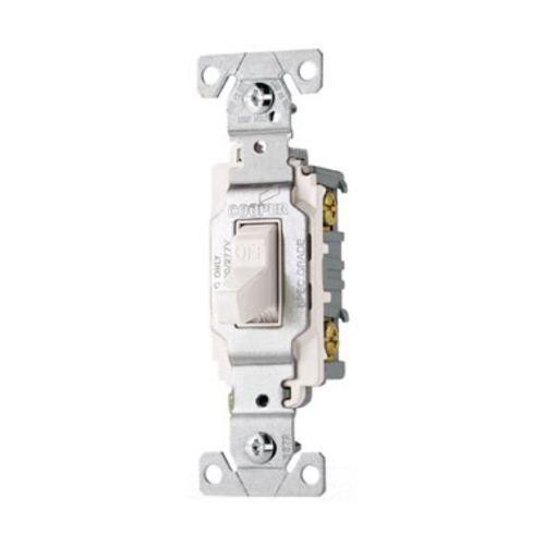 Eaton commercial grade toggle switch, #14-10 AWG, 20A, Commercial, Flush, 120/277V, Side wire, Screw, White, Load type: Motor Control, Fan, LED, Incandescent, ELV, MLV, CFL, Flourescent, Halogen, Single-Pole, Single-Pole, Brass, PVC