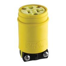 Eaton Arrow Hart severe duty straight blade plug,#14-8 AWG,20A,Industrial,125V,Back wire,Yellow,black,Nickel-plated brass,Corrosion Resistant,Nylon,5-20P,Two pole,three wire,grounding,Screw,0.38-1