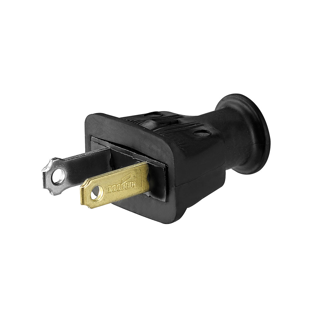 Eaton straight blade plug , #18-10 AWG, 15A, Commercial, 125V, Back wire, Black, Brass, Thermoplastic, 1-15P, Two-pole, two-wire, non grounding, Screw, 0.328