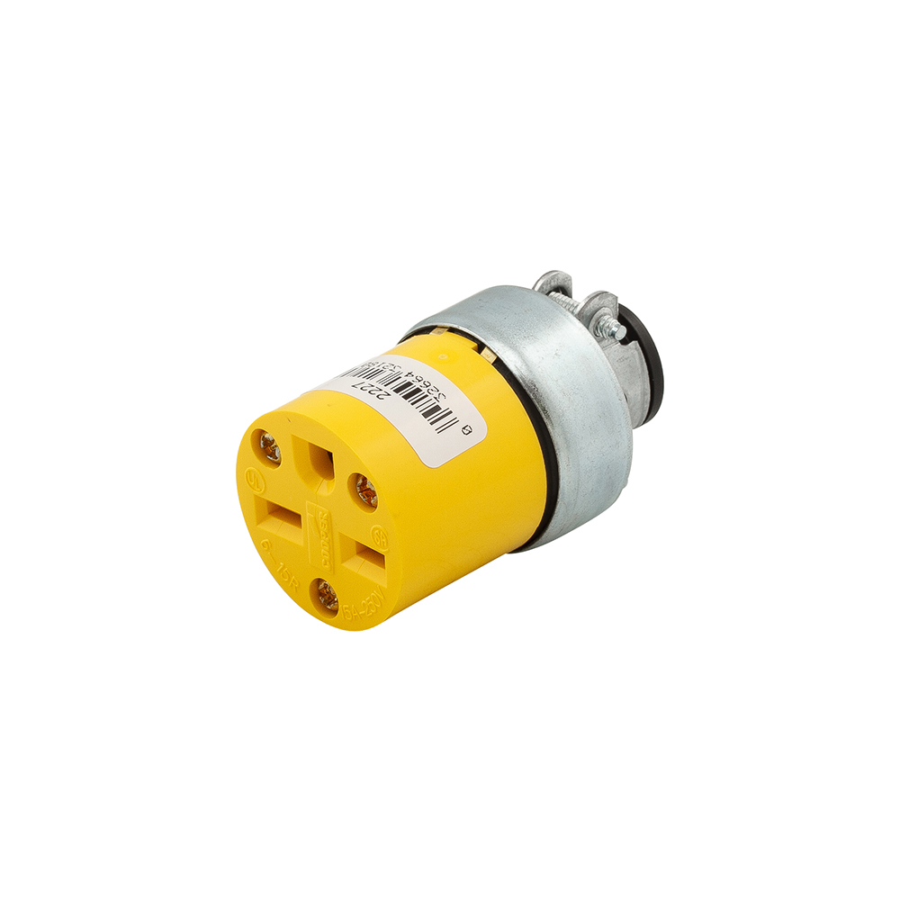 Eaton straight blade connector , #18-10 AWG, 15A, Commercial, 250V, Back wire, Yellow, Brass, Armored vinyl, PVC, 6-15R, Two-pole, three-wire, grounding, Screw, Vinyl, ED Box