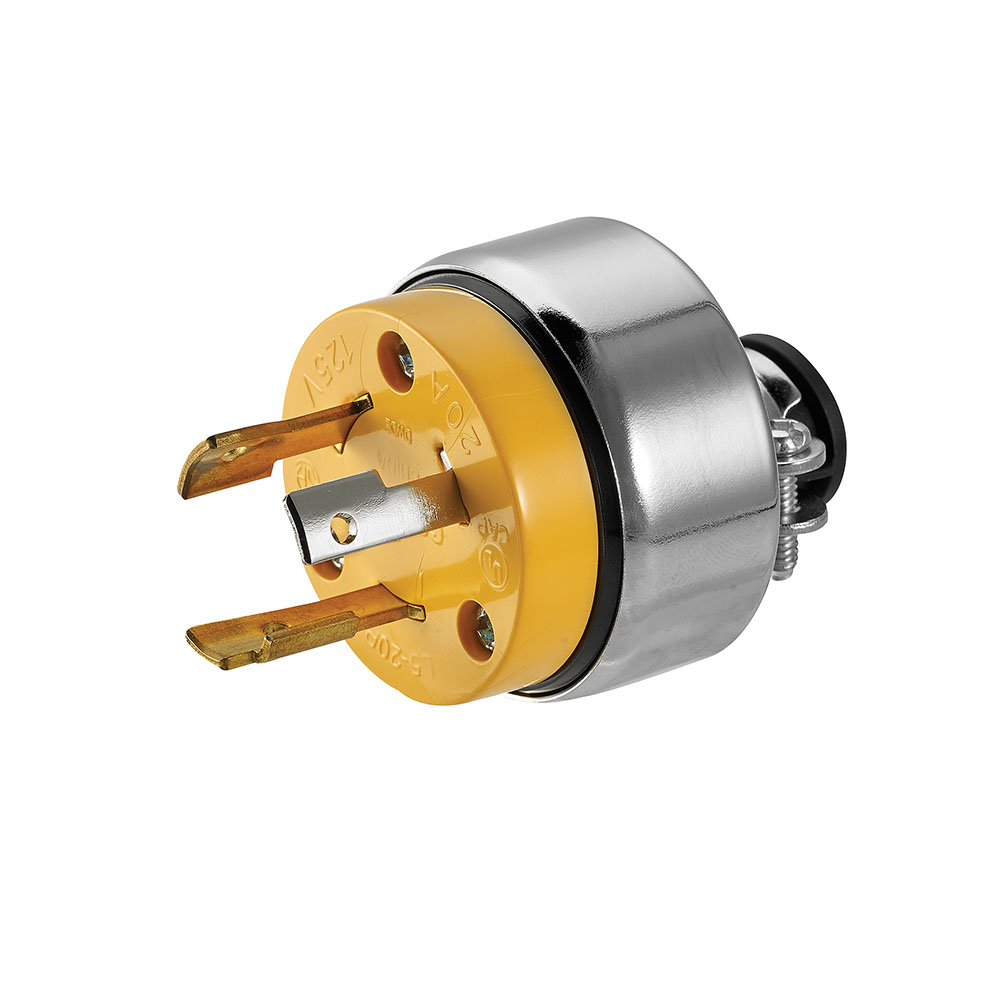 Eaton safety grip locking plug, Stand-alone box packaging, #14-8 AWG, 20A, Commercial, 125V, Back wiring, Yellow, L5-20, Two-pole, Three-wire, Nylon, .25 to .75 in