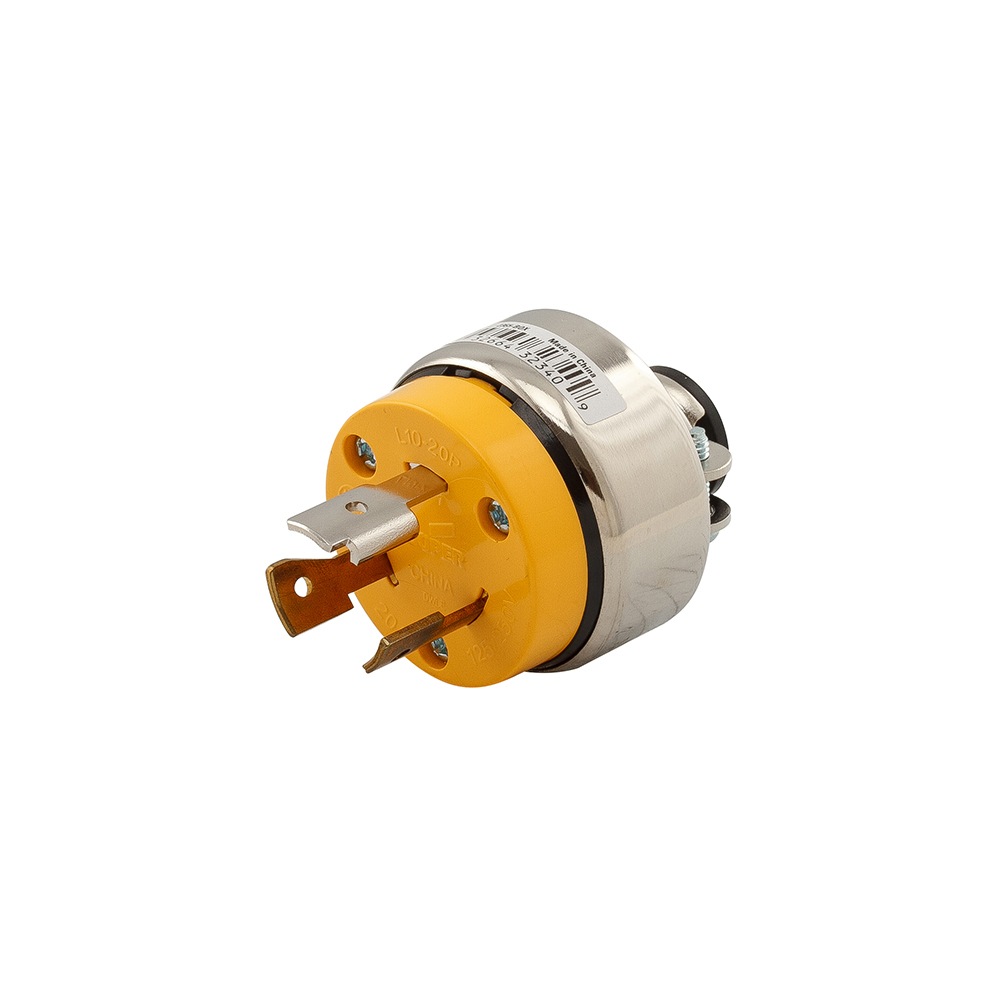 Eaton safety grip locking plug, Stand-alone box packaging, #14-8 AWG, 20A, Commercial, 125/250V, Back wiring, Yellow, L10-20, Three-pole, Three-wire, Nylon, .25 to .75 in