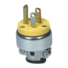 Eaton straight blade plug , #18-12 AWG, 15A, Commercial, 277V, Back wire, Yellow, Brass, Armored vinyl, 7-15P, Two-pole, three-wire, grounding, Screw, 0.25-0.63
