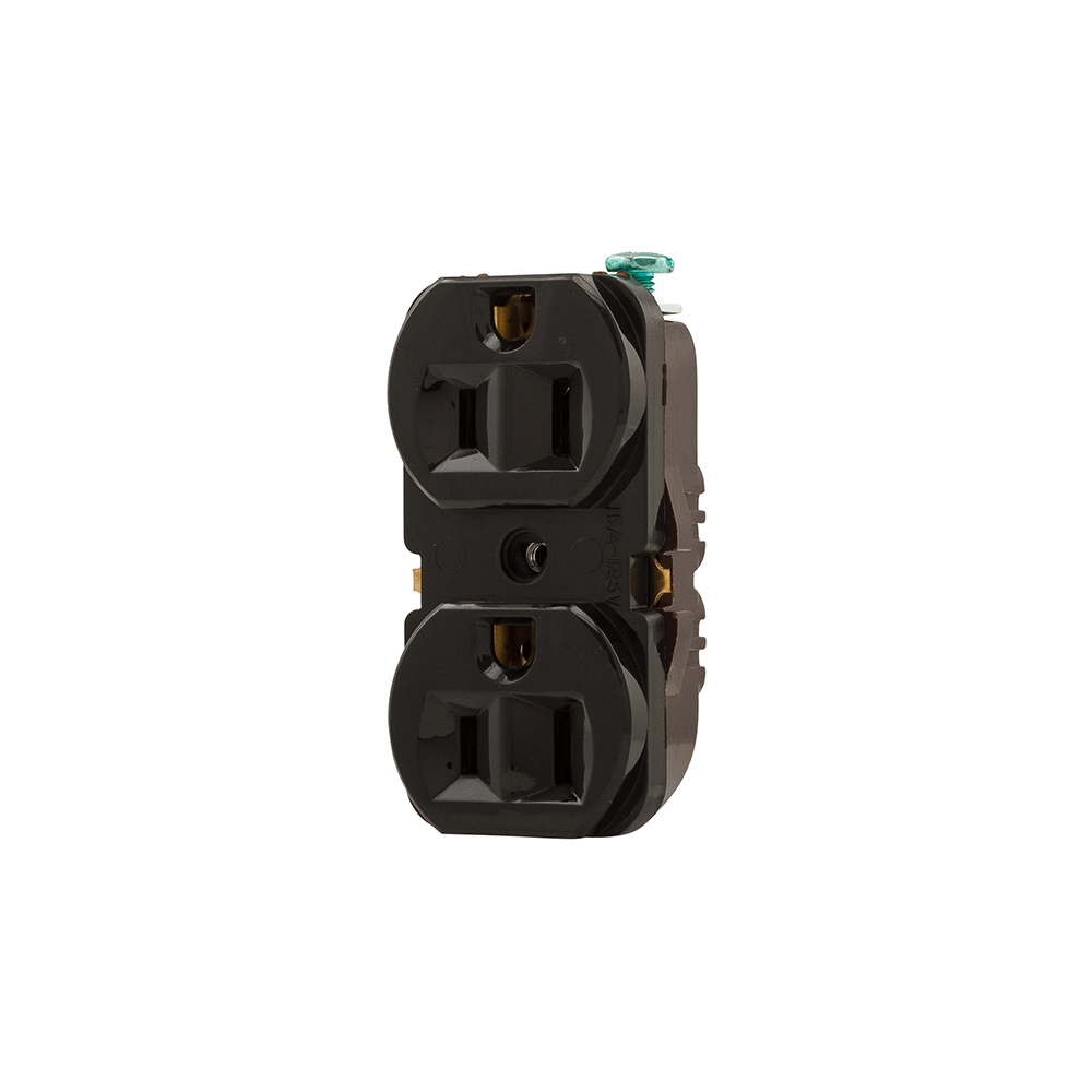 Eaton residential grade duplex receptacle, #14 AWG, 15A, Flush, 125V, Push wire, Black, Brass, High-impact thermoplastic, 5-15R, Two-pole, Three-wire, Duplex, Screw, Thermoplastic, 8 quick wire ports, no strap
