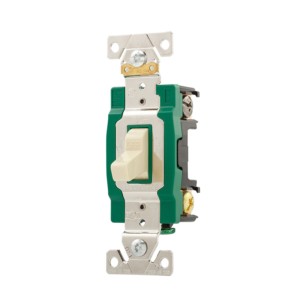 Eaton Arrow Hart industrial grade toggle switch, #14-10 AWG, 30A, Flush, 120/277V, Back and side, Screw, Ivory, Load type: Motor Control, Fan, LED, Incandescent, ELV, MLV, CFL, Flourescent, Halogen, Double-Pole,Dual-pole,Brass,Polycarbonate