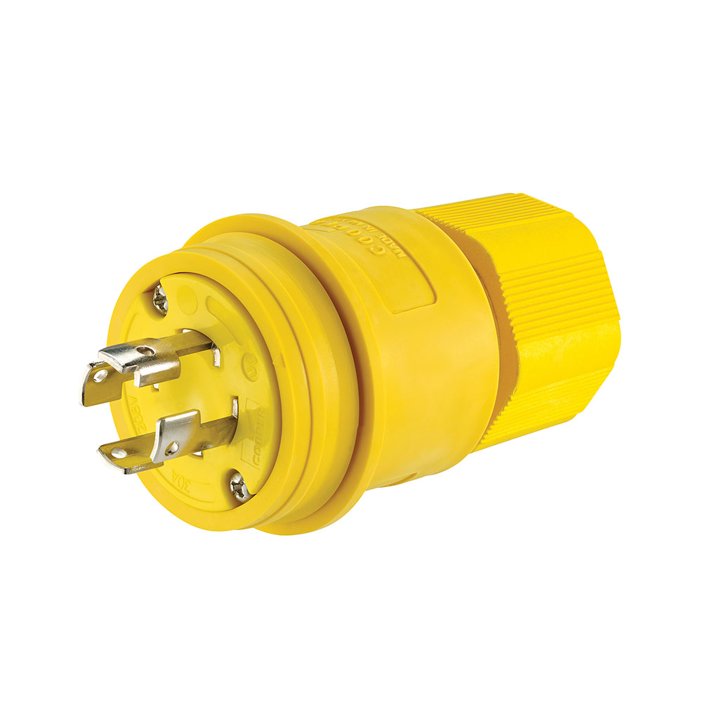 Eaton Arrow Hart watertight locking connector, #18-10 AWG, 30A, Industrial, 120/208V, Yellow, Watertight, Non-NEMA, Four-pole, Four-wire, non-grounding, Santoprene thermoplastic elastomeric, 0.43 to 1.15 in