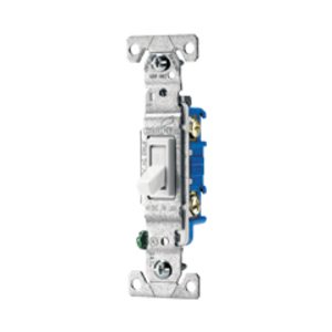 Eaton toggle switch, #14-10 AWG, 15A, Flush, 120V, Back, side, and push wire, Screw, White, Load type: Motor Control, Fan, LED, Incandescent, ELV, MLV, CFL, Flourescent, Halogen, Single-Pole, Three-Way, Three-Way