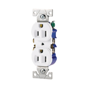Eaton residential grade duplex receptacle, #14-10 AWG, 15A, Flush, 125V, Side and push, Ivory, Brass, Impact-resistant thermoplastic, 5-15R, Two-pole, Three-wire, Duplex, Screw, Thermoplastic