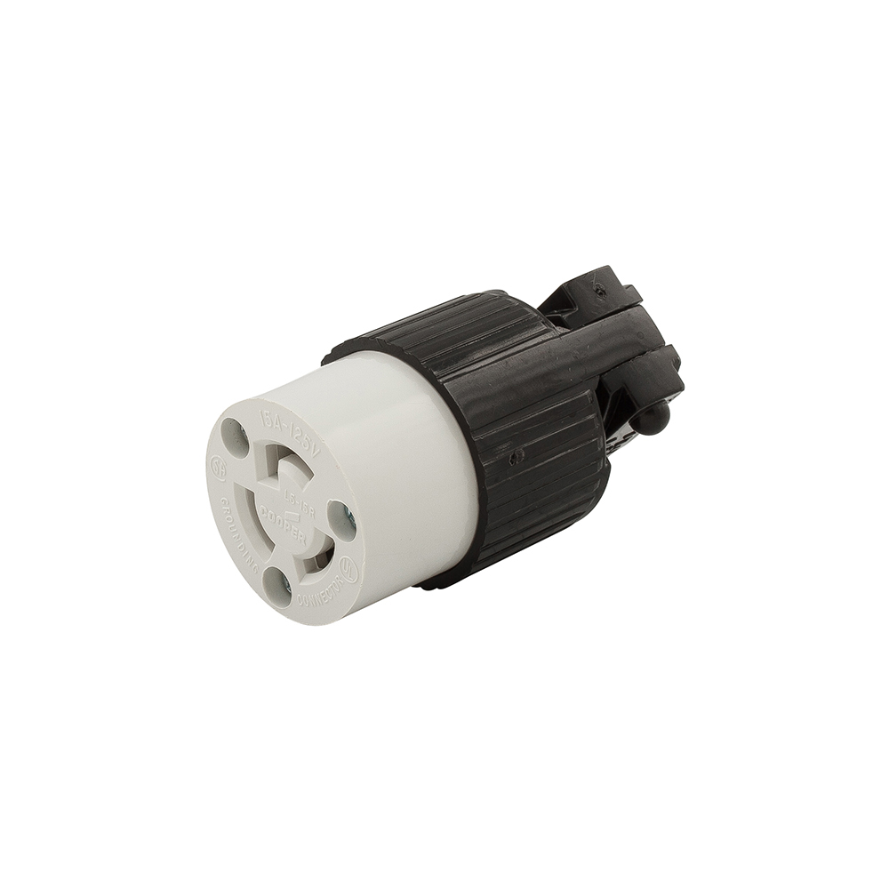 Eaton safety grip locking connector, #16-12 AWG, 15A, Commercial, 125V, Back wiring, Black, white, L5-15, Two-pole, Three-wire, Santoprene thermoplastic elastomeric, 0.25 to 0.69 in