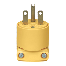 Eaton Arrow Hart straight blade angled plug , #18/3 SV - #12/3 SF, 15A, Commercial, 250V, Back wire, Yellow, Brass, Vinyl, 6-15P, Two-pole, two-wire, grounding, Screw, Vinyl, ED Box