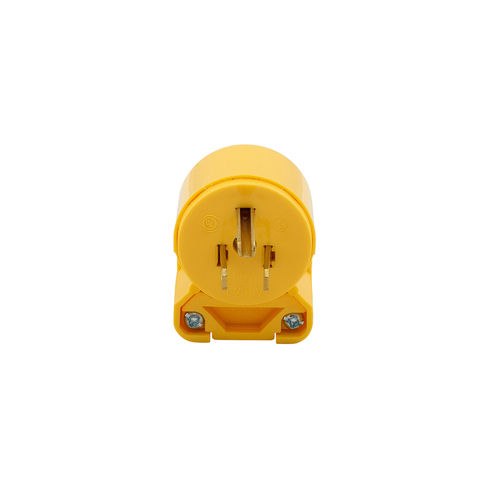 Eaton Arrow Hart straight blade angled plug , #18-12 AWG, 15A, Commercial, 125V, Back wire, Yellow, Brass, Vinyl, 5-15P, Two-pole, three-wire, grounding, Screw, 0.25-0.66