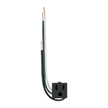 Eaton panel mount/snap-in single receptacle,OEM,#14-12 AWG,15A,Snap-in,Panel,125V,Wire leads,Black,Brass,Thermoset face and Polypropylene base,5-15R,Two-pole,Three-wire,Single,Wire lead,Thermoplastic,Plastic back and clips,bulk