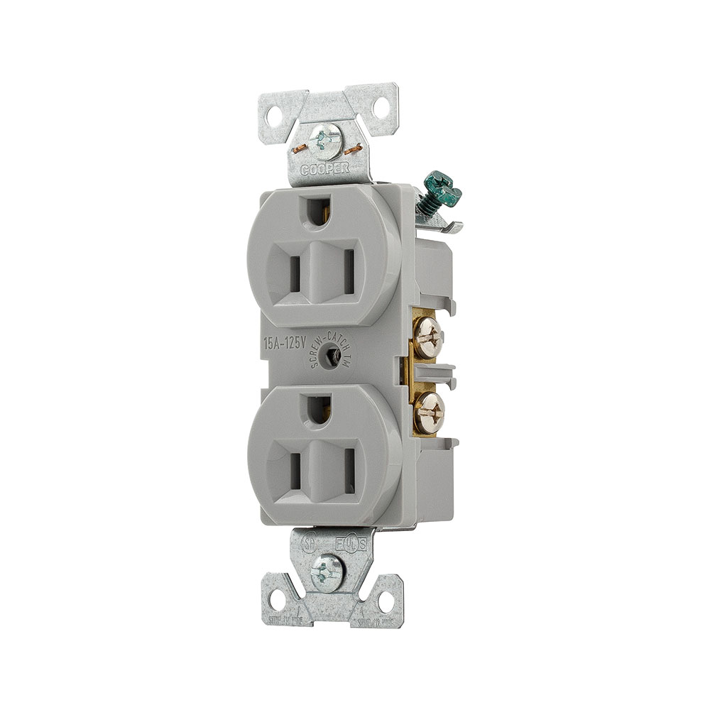 Eaton Arrow Hart heavy-duty industrial specification grade duplex receptacle, #14-10 AWG, 15A, Industrial, Flush, 125V, Back and side, White, Brass, High-impact nylon face, 5-15R, Duplex, Screw, Glass-filled nylon