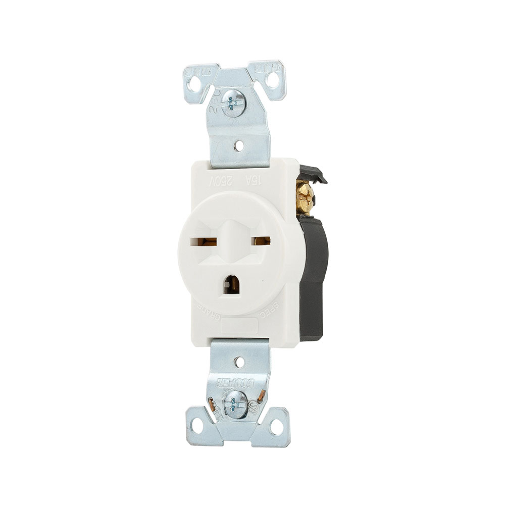 Eaton Arrow Hart extra heavy-duty industrial specification grade single receptacle,#14-10 AWG,15A,Industrial,Flush,250V,Back and side,White,Brass,Impact-resistant nylon face,Glass-filled nylon base,6-15R,Single,Screw,Nylon,Core pack