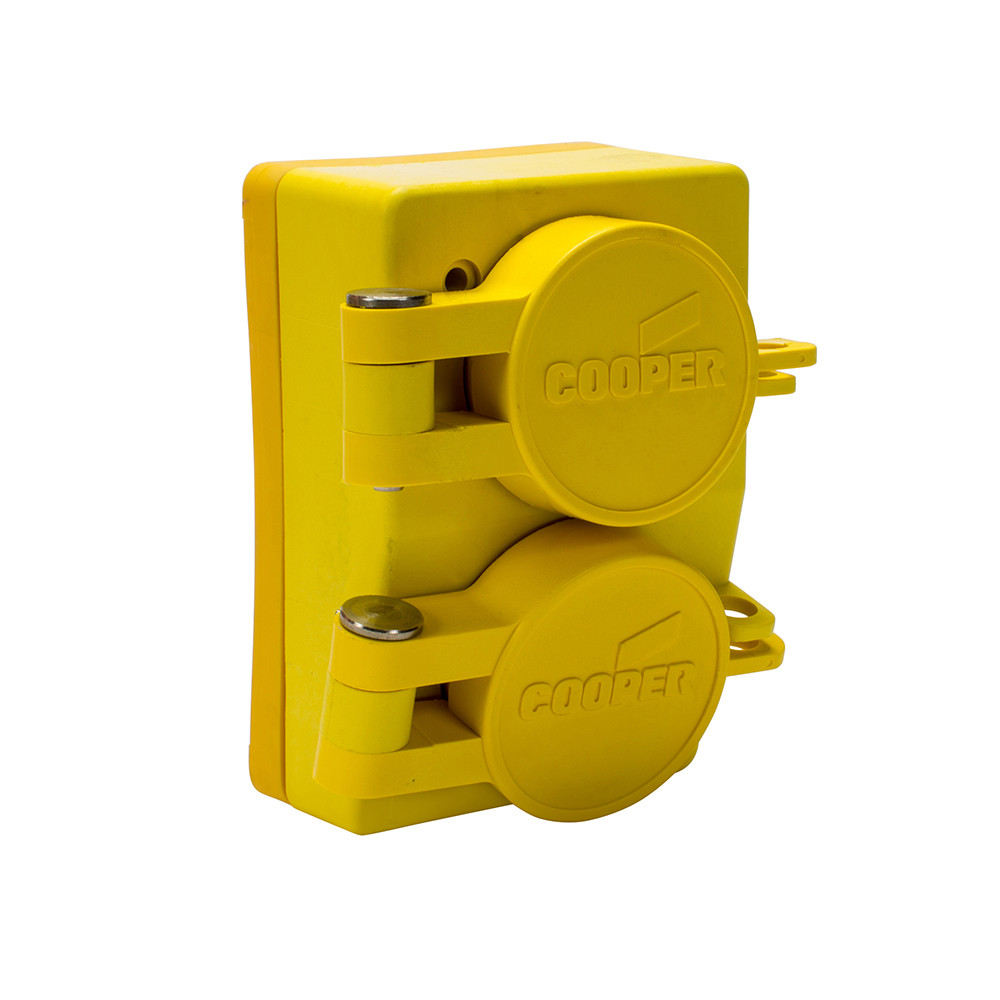 Eaton Arrow Hart watertight straight blade duplex receptacle, #18-10 AWG, 15A, Industrial, Panel, 250V, Back wire, Yellow, Nickel-plated brass, IP66, Glass filled Nylon, 6-15R, Duplex, Screw, Glass-filled nylon, Core pack