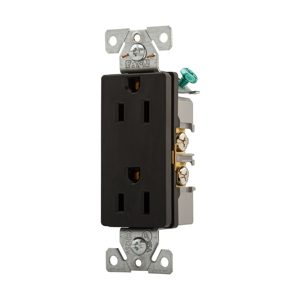 Eaton heavy-duty industrial specification grade decorator duplex receptacle, #14-10 AWG, 15A, Commercial, Flush, 125V, Back and side, Black, Brass, High-impact nylon face, PVC base, 5-15R, Duplex, Screw, Nylon, PVC, Bulk