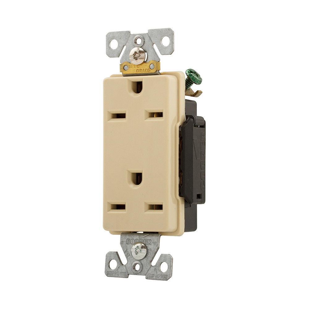 Eaton Arrow Hart extra heavy-duty industrial specification grade decorator duplex receptacle, #14-10 AWG, 15A, Industrial, Flush, 250V, Back and side, White, Brass, Glass filled Nylon, 6-15R, Duplex, Screw, Glass-filled nylon, Core pack