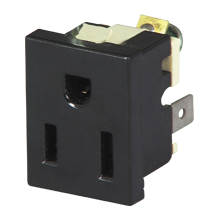 Eaton panel mount/snap-in plug, #14-12 AWG, 15A, Commercial, Snap-in, Panel, 125V, Solder connect, Black, Brass, Thermoset, 5-15R, Single, Solder, Thermoplastic