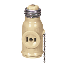 Eaton socket adapter, One socket to one socket with two 250W NEMA 1-15R outlets, Pull chain switch, 125V, Medium base, Ivory, Thermoplastic, 1-15R, NEMA 1-15R, 660W