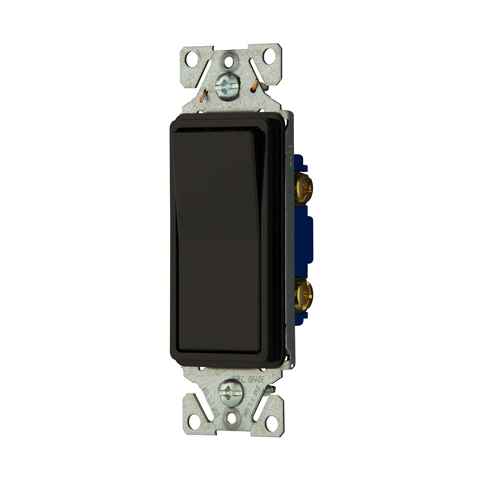 Eaton standard grade decorator switch, Auto-grounding, #14-12 AWG, 15A, Flush, 120/277V, Back/push, Decorator, Maintained, Black, Motor Control, Fan, LED, Incand, ELV,MLV,CFL, Florscnt, Halogen, Single-pole, Thermoplastic 737282