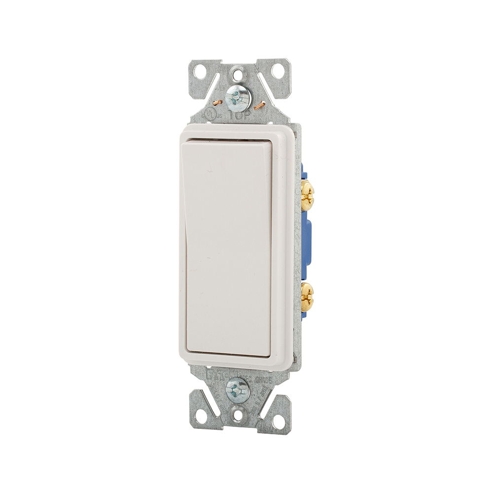Eaton standard grade decorator switch, Auto-grounding, #14-12 AWG, 15A, Flush, 120/277V, Back/push, Decorator, Maintained, White, Motor Control, Fan, LED, Incand, ELV,MLV,CFL, Florscnt, Halogen, Single-pole, Thermoplastic 737329