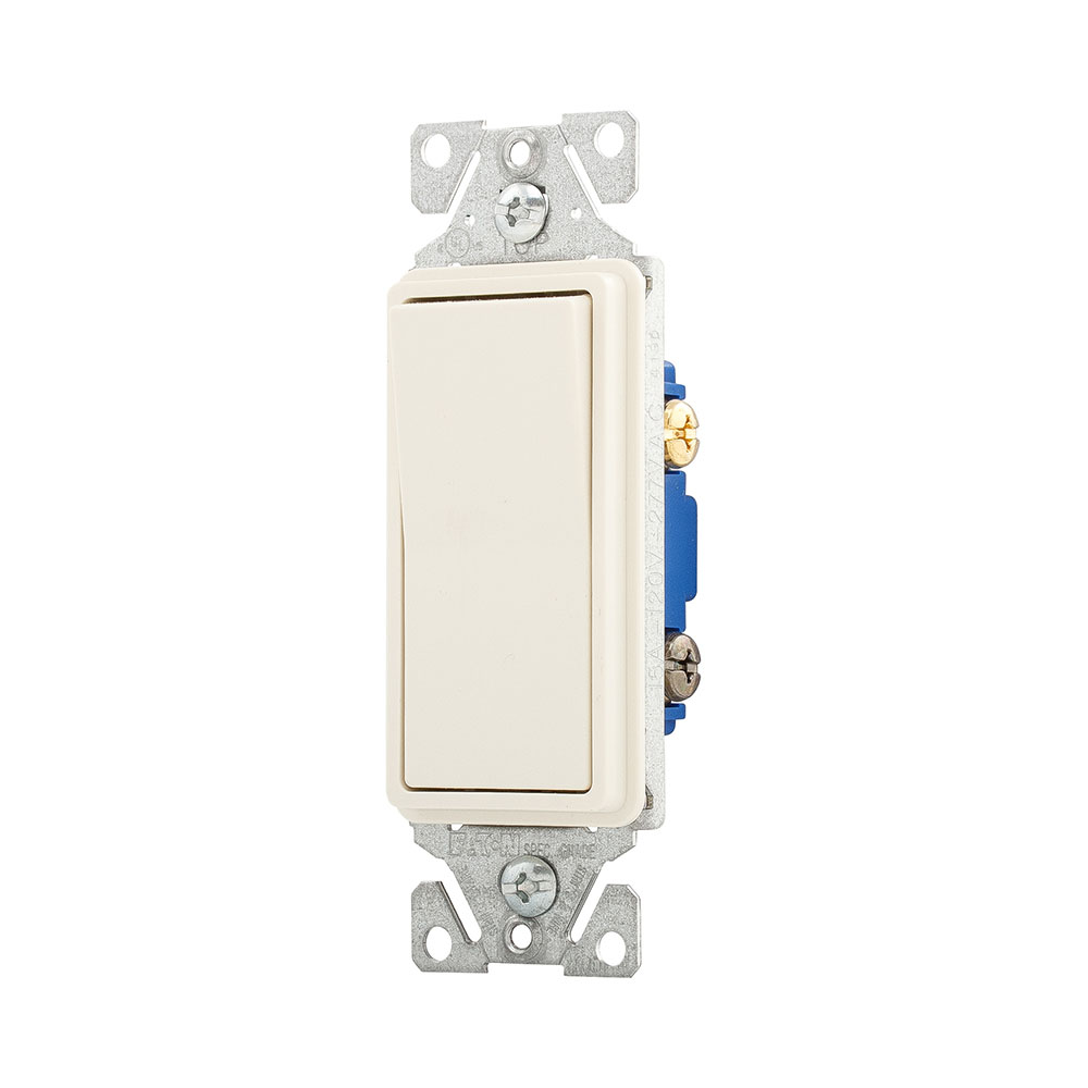 Eaton standard grade decorator switch, Auto-grounding, #14-12 AWG, 15A, Flush, 120/277V, Back/push, Decorator, Maintained, Light almond, Motor Control, Fan, LED, Incand, ELV,MLV,CFL, Florscnt, Halogen, Three-way, Thermoplastic 737374