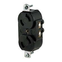 Eaton safety grip locking receptacle, #14-8 AWG, 15A, Industrial, 125V, Back and side wiring, Black, Single, L1-15, Two-pole, Two-wire, Glass-filled nylon, -40° to 105°C
